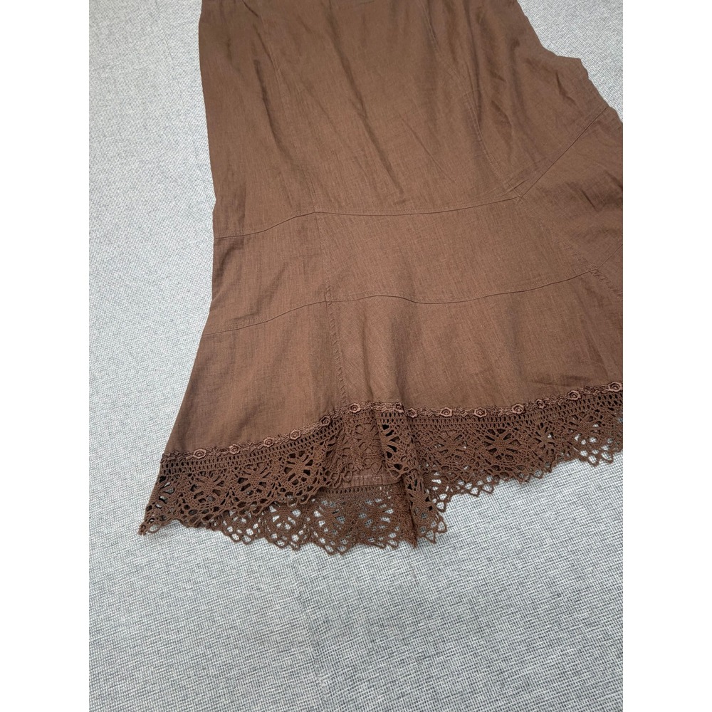 Newport News Brown Linen Cotton Crochet Lace Trim Midi Skirt Size 16 Cottagecore - Picture 4 of 4